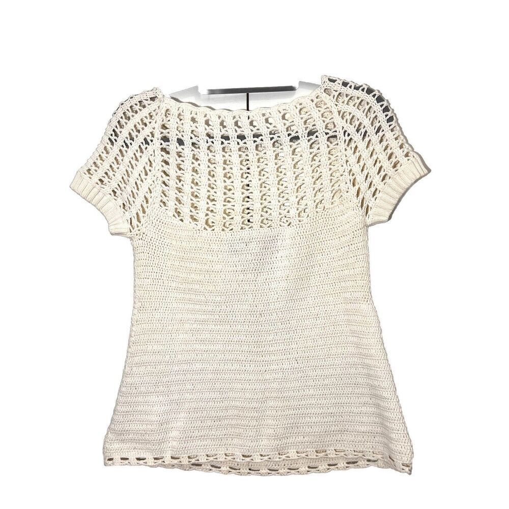 Lela Rose Sweater Women’s M White Crochet Knit Short Sleeve Baby Doll Prairie‎ - Picture 2 of 7